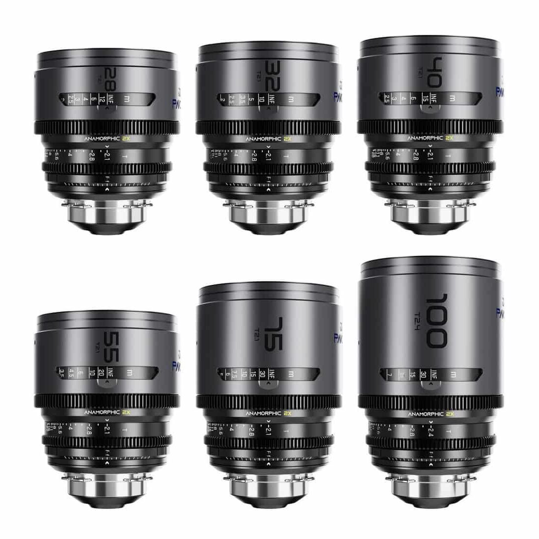 DZOFilm Pavo 2x anamorphic 6-lens set 28/32/40/55/75/100mm T2.1-Blue Coating- PL&EF mount (meter)
